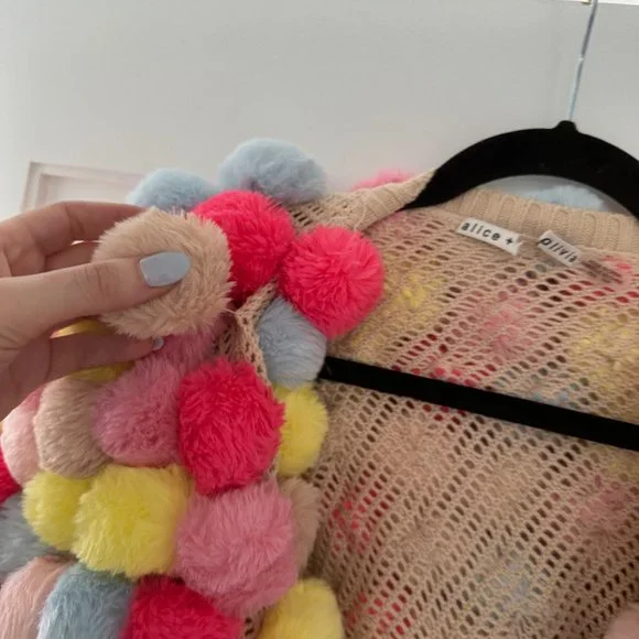 ❌SOLD❌Alice + Olivia Fawn Pompom Cropped Jacket XS/S Multicolor Cardigan Ribbed - Picture 5 of 15